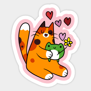 Calico Cat Loves Green Frog Sticker